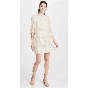 NWT Ganni Pleated Georgette Floral Tiered Mini Dress Cream Lavender Size Small